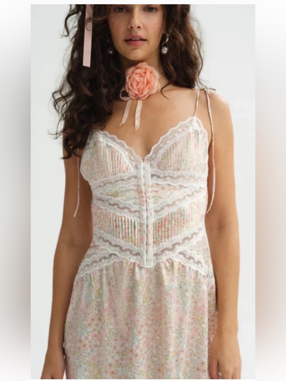 For Love And Lemons Pastel Floral Lace-Trim Chemise in Pink and White